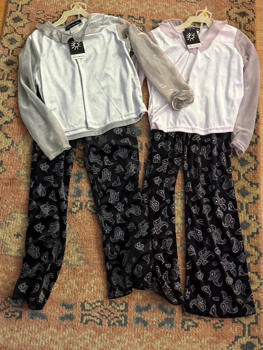 NWT -2 Girls Metallic Top & Black Paisley Pants Set - Silver and Pink
